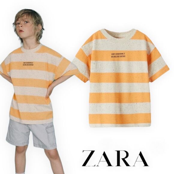 ZARA Kids | Orange | STRIPED TEXTURED T-SHIRT - Picture 1 of 8